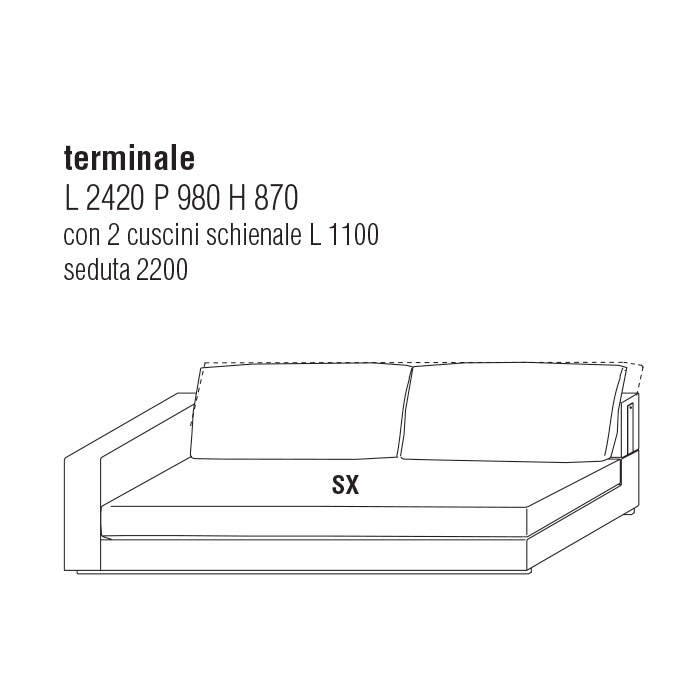 Divano Terminale Sx cm. 242Lx98P con cuscini schienale cm. 90