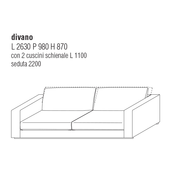 Divano cm. 263Lx98P con cuscini schienale cm. 90